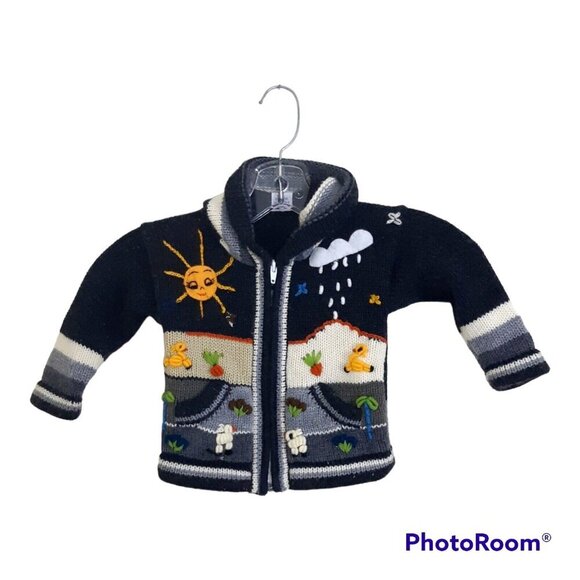 Vintage Kids Wool Blend Hand Knit Sweater Hoodie 3D Prints Animals Sun Plants - Picture 1 of 5